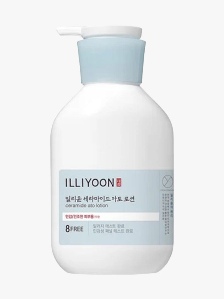 Illiyoon Ceramide Ato Lotion white and light blue bottle on light gray background