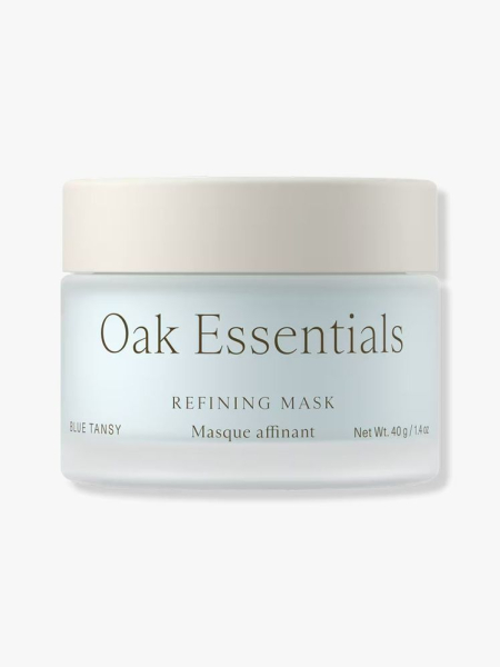 Oak Essentials Refining Face Mask light blue and white jar on light gray background